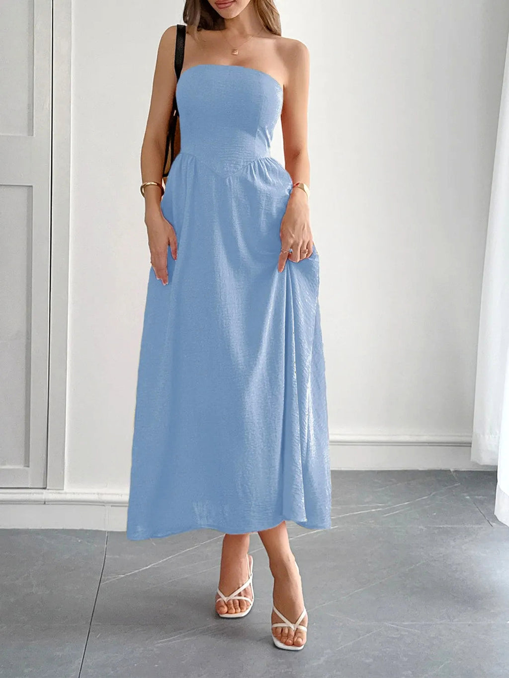 Strapless A-Line Midi Dress with Pockets - enhanced image 12