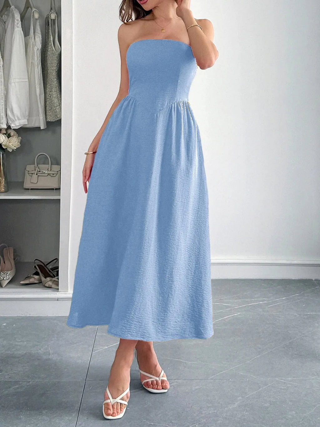 Strapless A-Line Midi Dress with Pockets - enhanced image 12