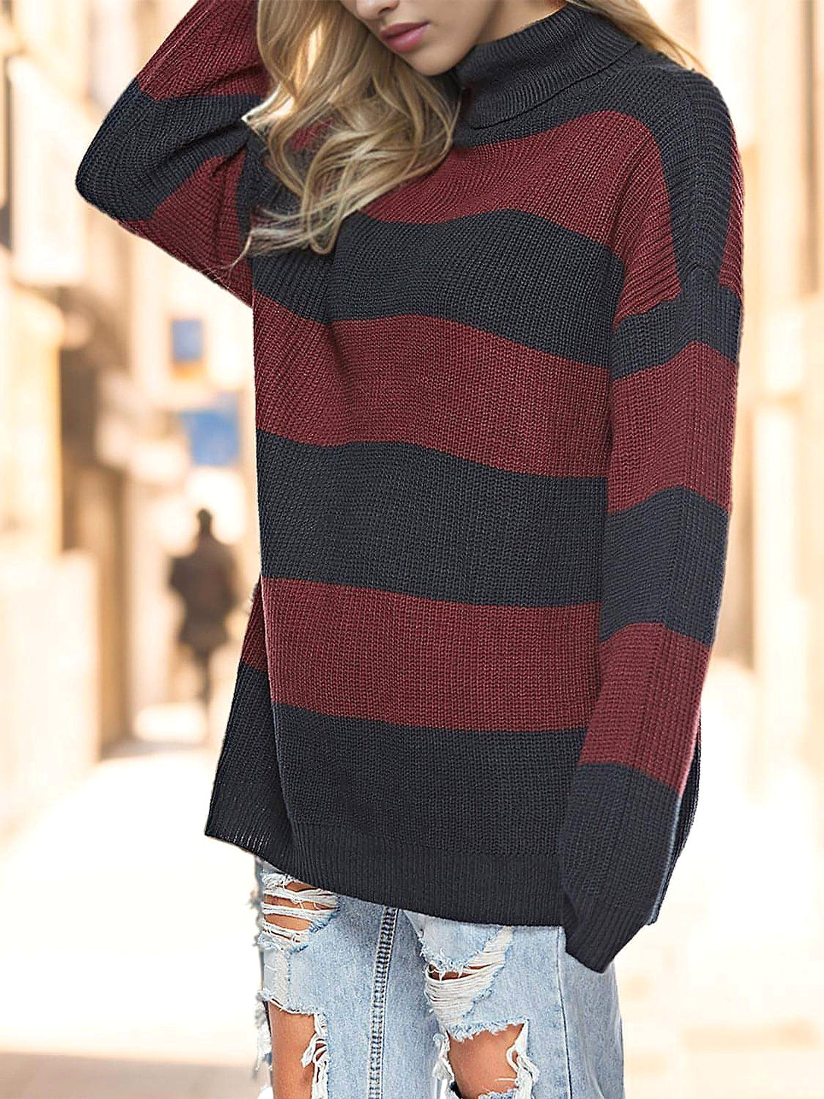 Striped Turtleneck Long Sleeve Sweater - enhanced image 12