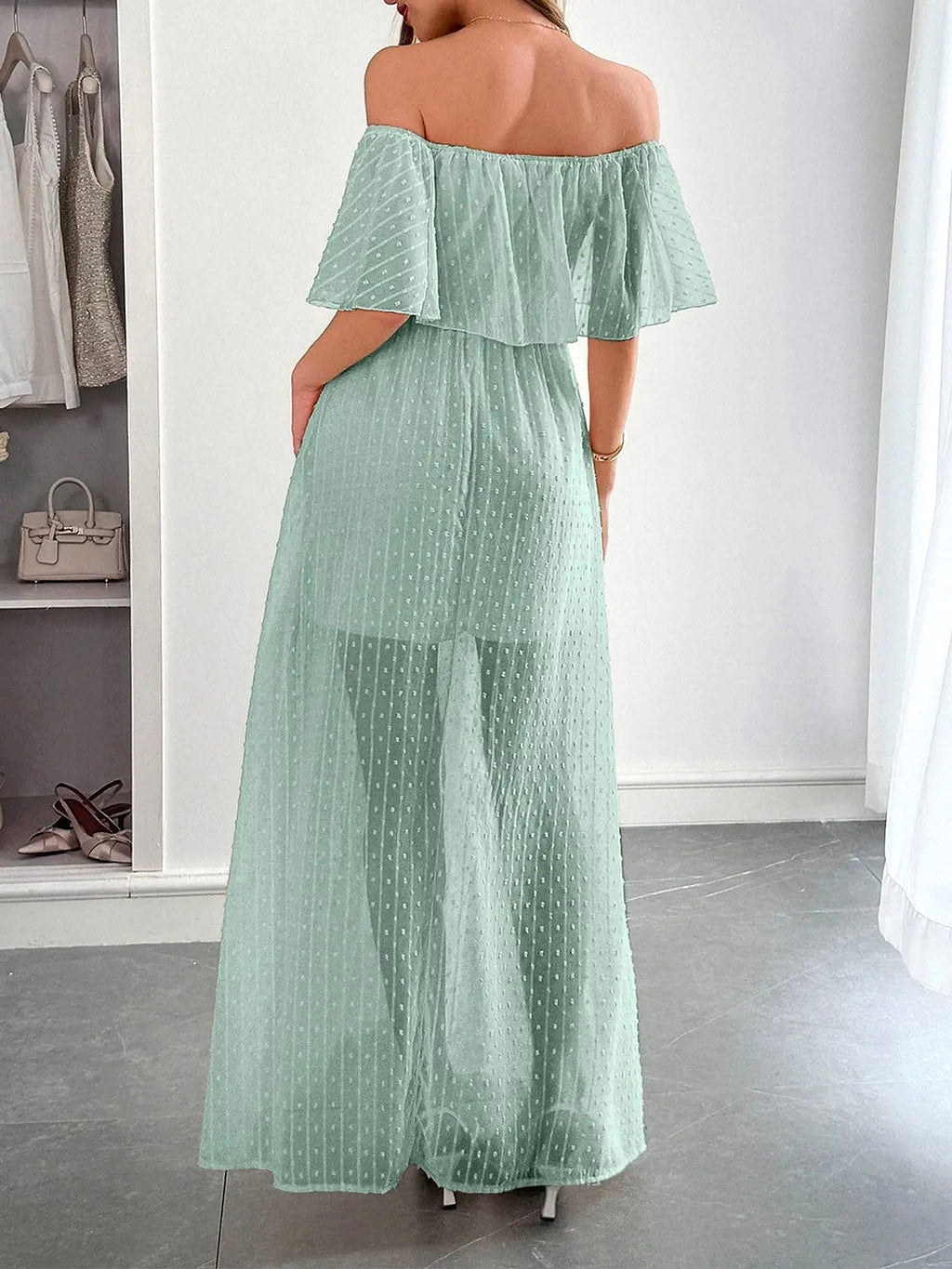 Swiss Dot Off Shoulder Maxi Dress - enhanced image 12