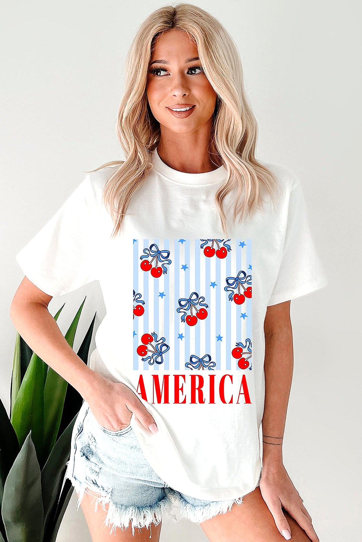White Bow Cherry AMERICA Graphic Crewneck Patriotic T Shirt - enhanced image 12