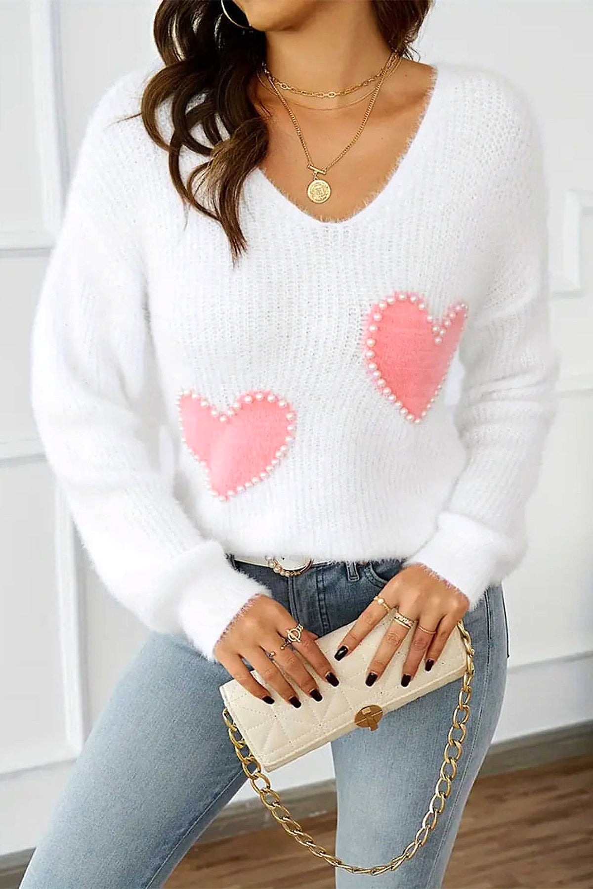 White Pearl Beaded Heart Pattern Fuzzy V Neck Sweater - enhanced image 12