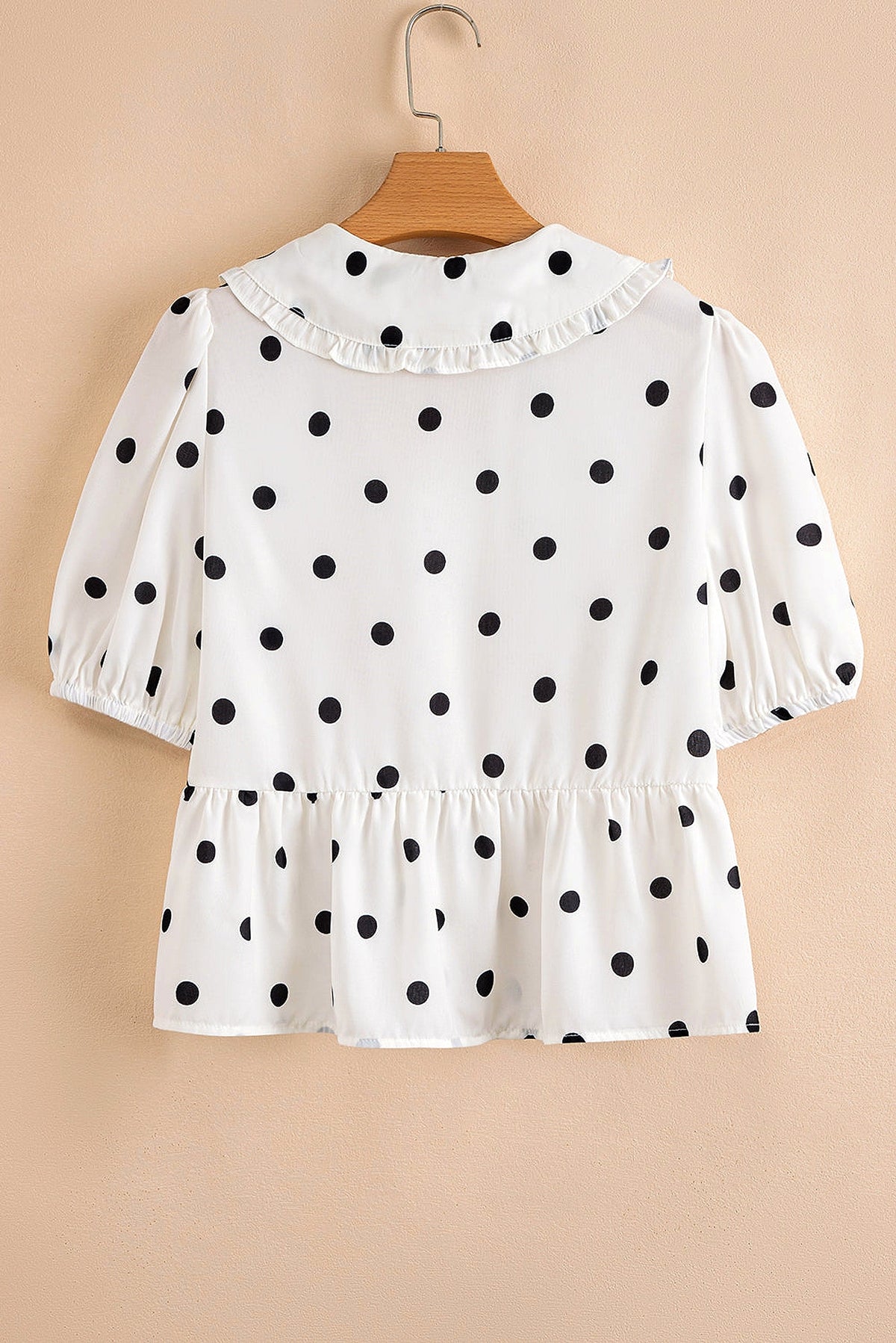 White Polka Dot Collared Lace up Font Puff Sleeve Peplum Top - enhanced image 12