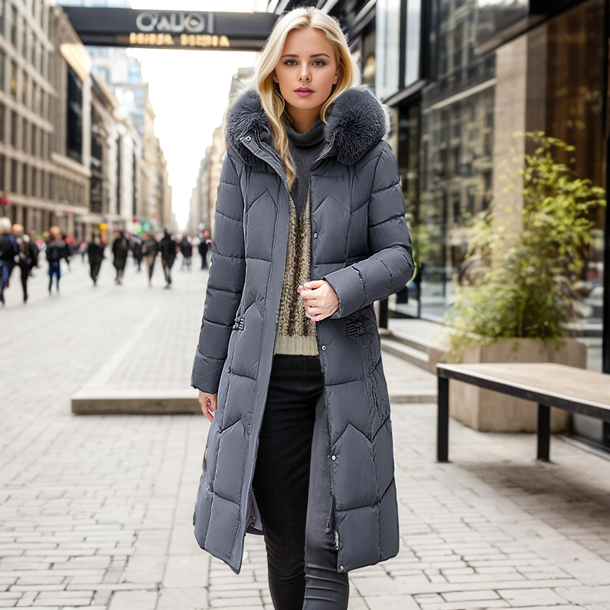 Winter Long Coat With Thickened Fur Collar Straight Slim Cotton-padded Jacket Women - enhanced image 12