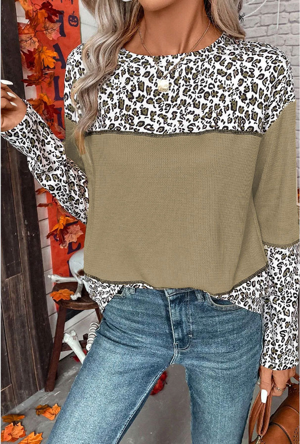 Women Round Neck Leopard Splicing Waffle Sweater - enhanced image 12