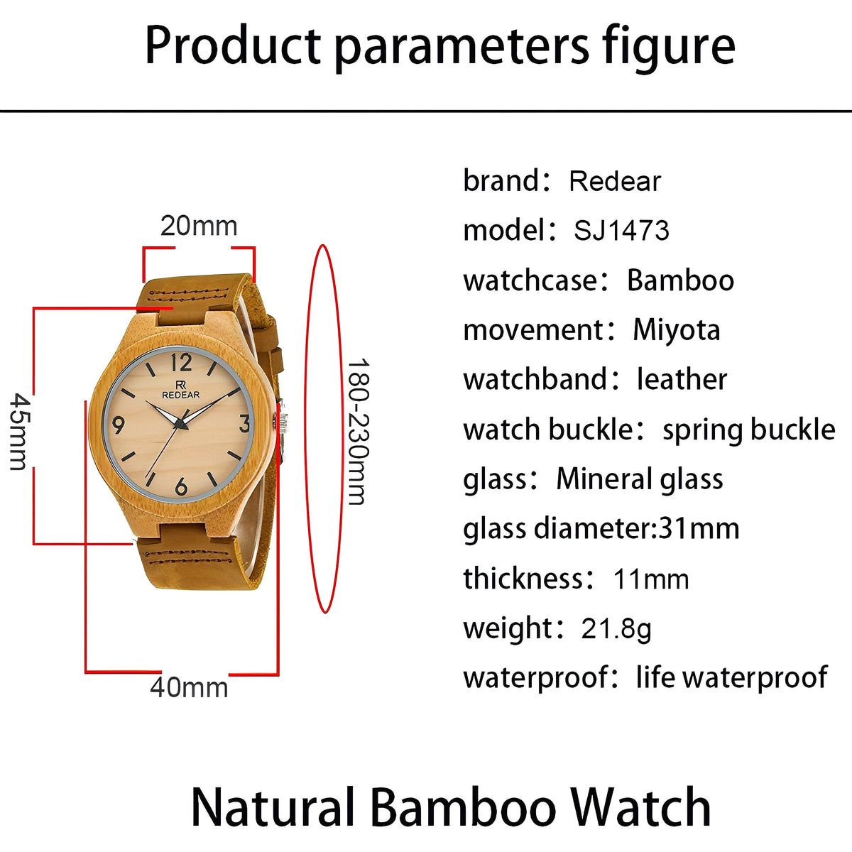 Engraved Bamboo Photo Watch Wooden Leather Strap 40mm - enhanced image 12
