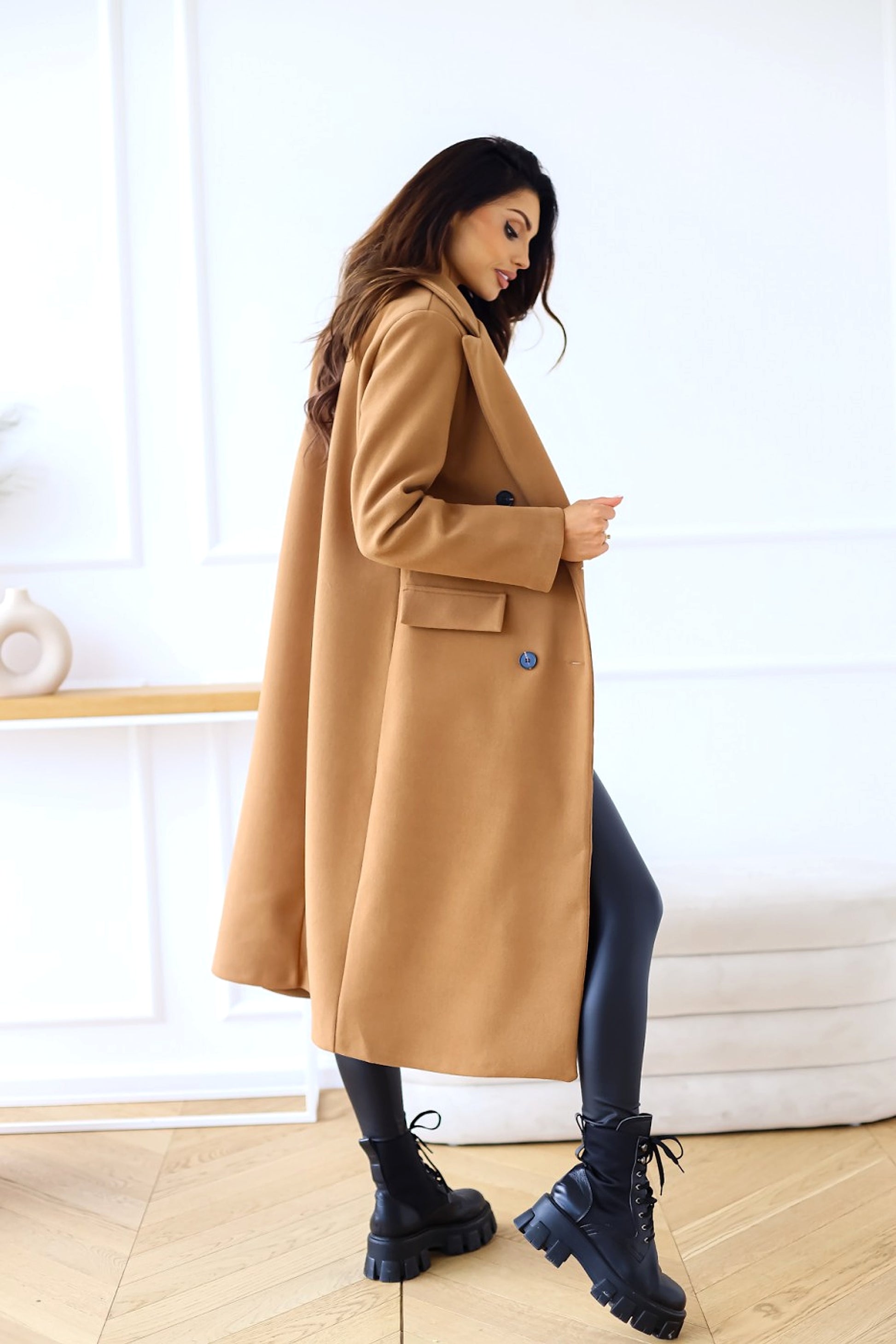 Women's Fashion Simple Double Breasted Long Sleeve Lapel Button Woolen Coat - enhanced image 12
