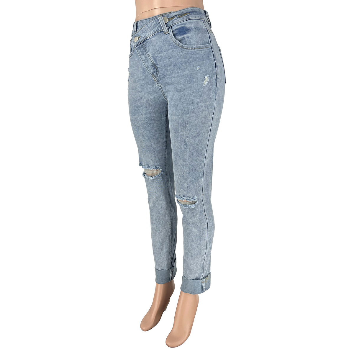Women's Ripped Diagonal Buckle Stretch Jeans - enhanced image 12