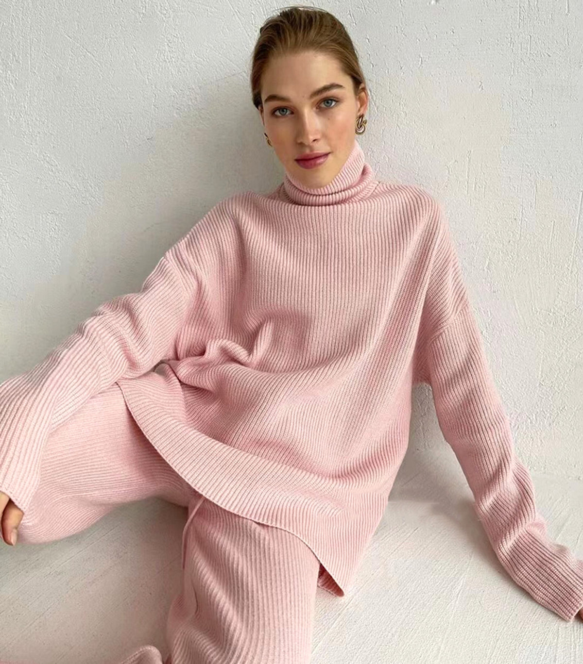 Casual Knitted Two-piece Turtleneck And Wide Leg Pants Women Loose Pullover Sweater - enhanced image 13