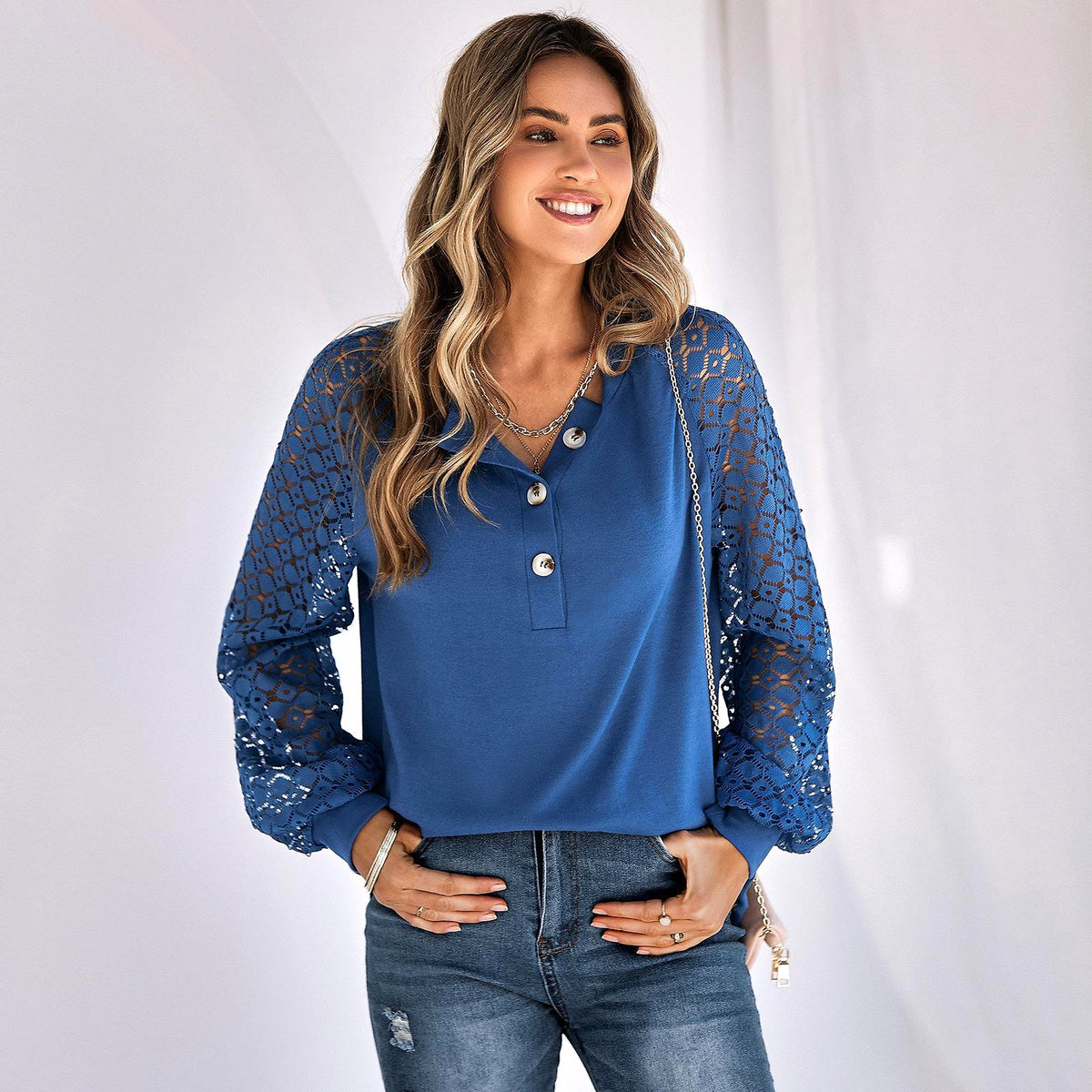 Casual Lace Button Top Women T-Shirt - enhanced image 13