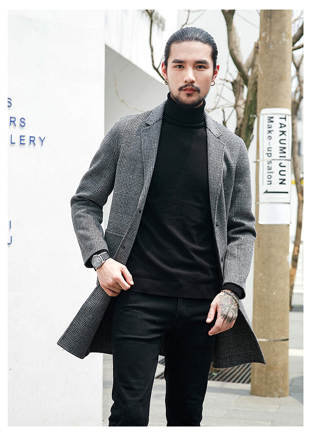 Houndstooth reversible men's plaid woolen trench coat - enhanced image 13