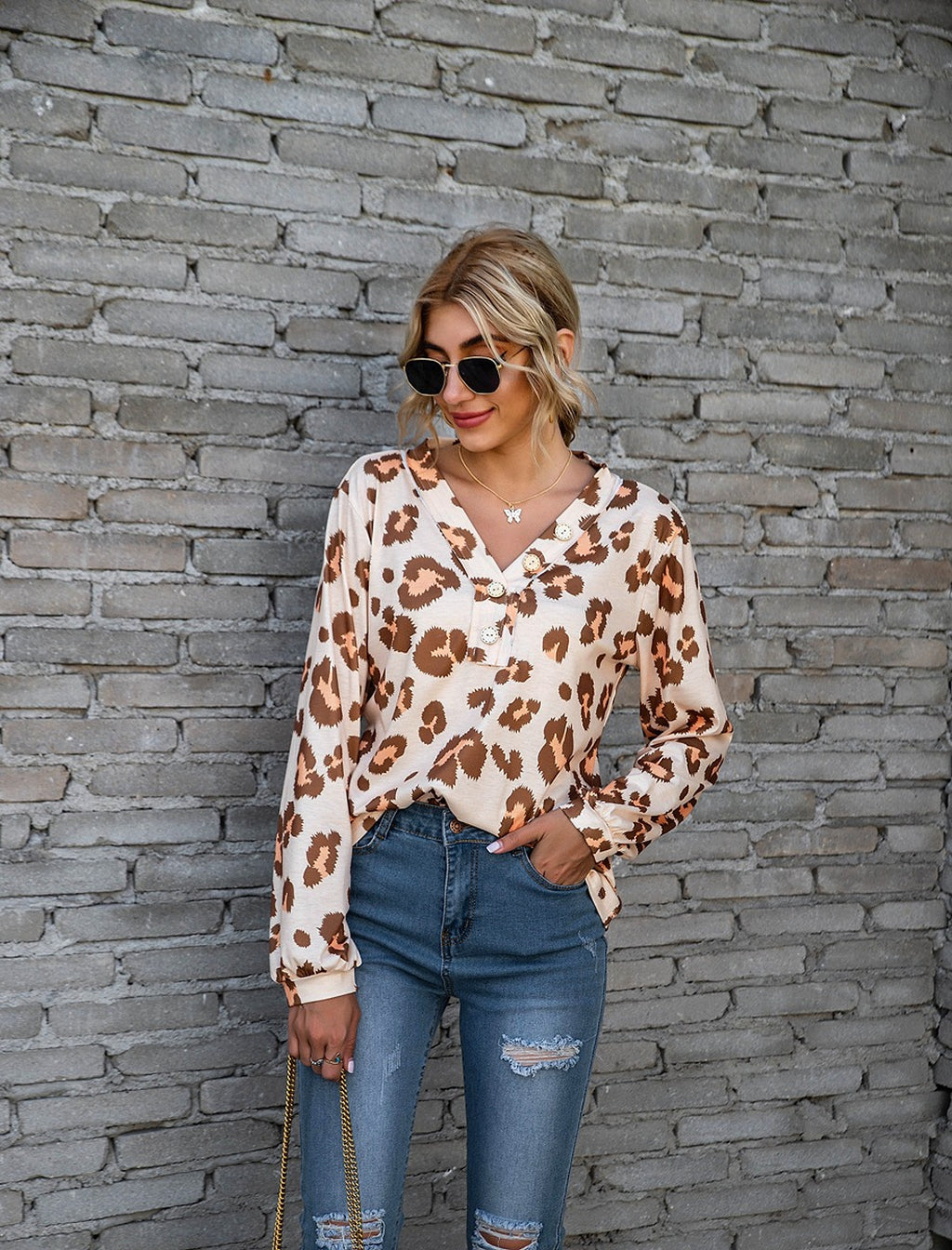 Leopard Print Printed V-neck Off-the-shoulder Long Sleeve T-shirt Women - enhanced image 13