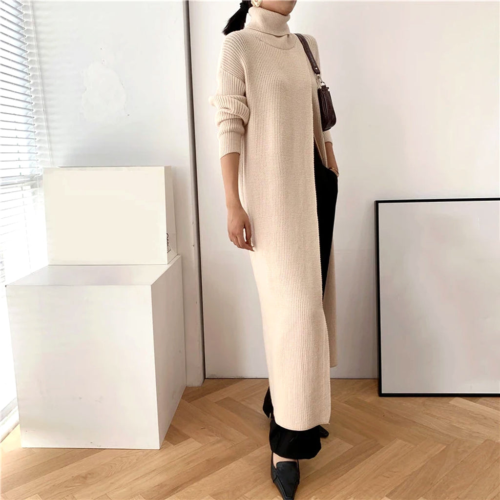 A.1 Long Knit Turtleneck Sweater Long Skirt Pullover Bottoming With Slits And Slim Fit - enhanced image 13