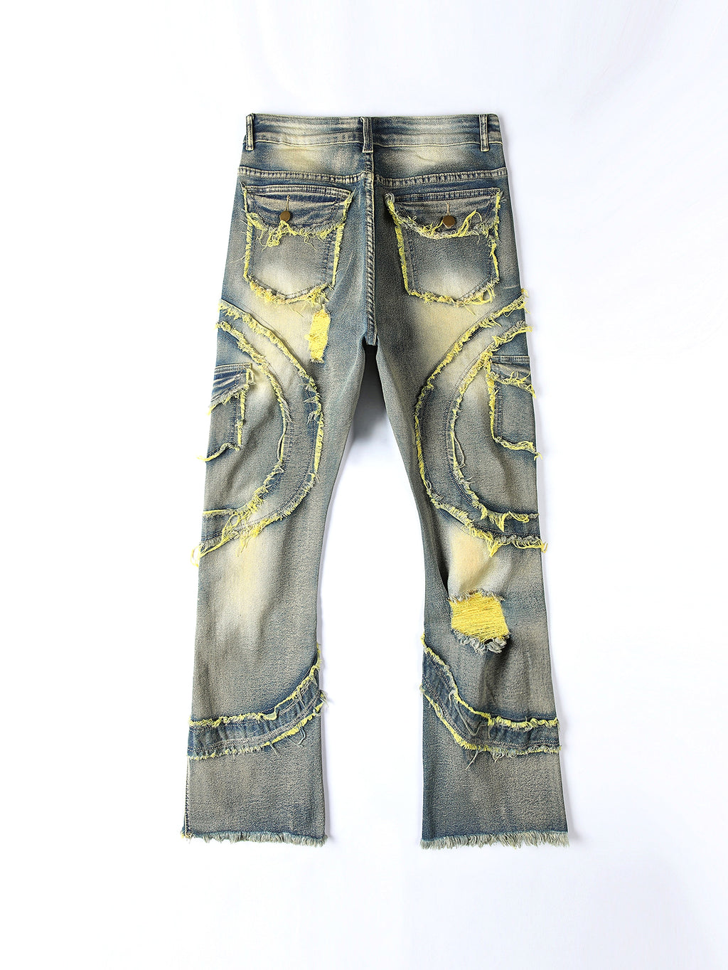 Men's Patchwork Fringe Slightly Flared Stretch Jeans - enhanced image 13