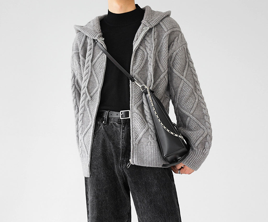 Men's Zipper Hooded Solid Color Loose Rhombus Plaid Coat - enhanced image 13