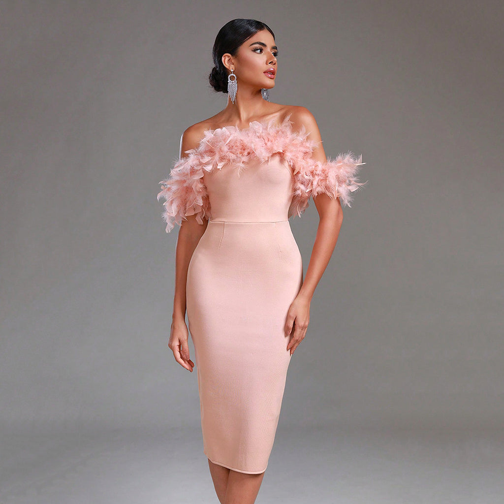 Off-neck Feather Women's Dress - enhanced image 13