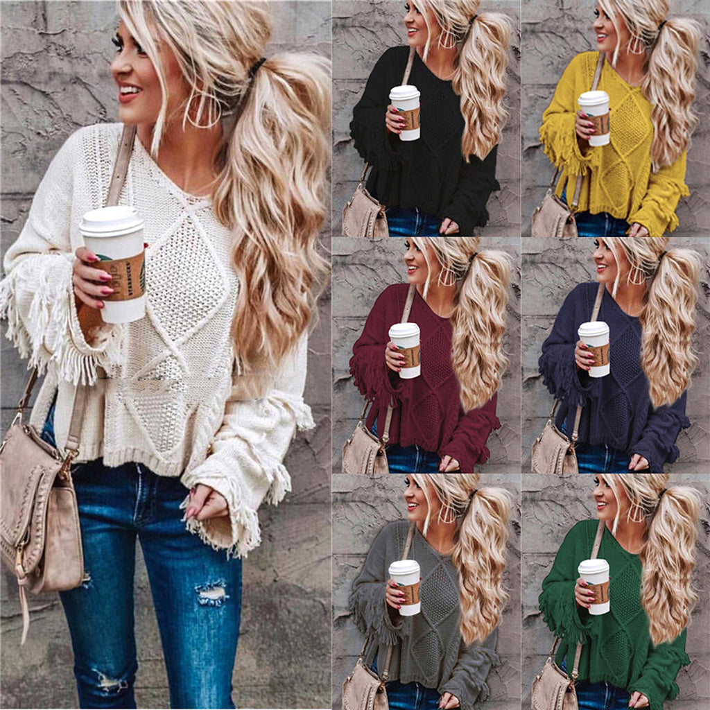 Pullover Loose Sweater Women Tassel Pure Color - enhanced image 13