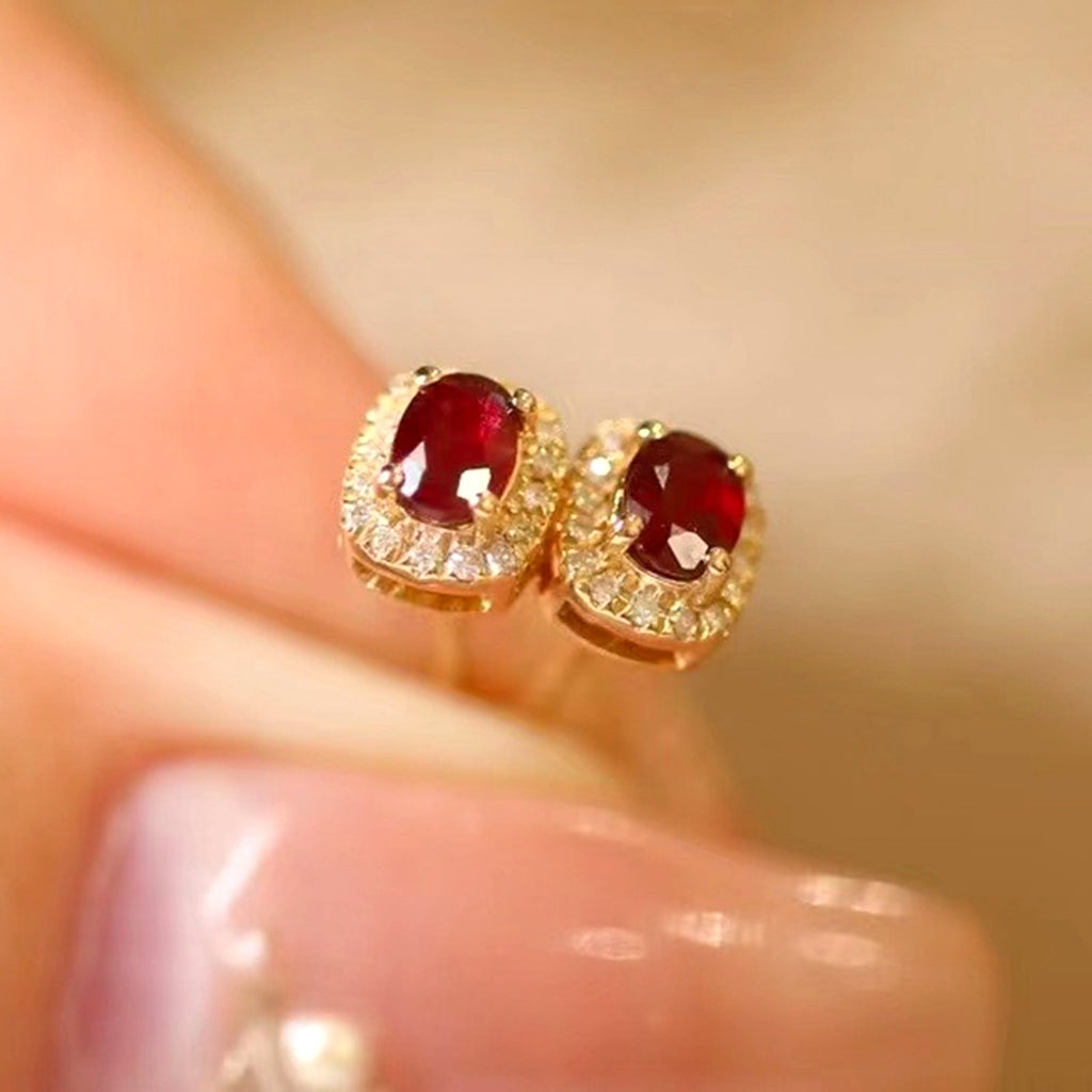 Real Gold Natural Ruby Diamond Stud Earrings Pigeon Blood Red Color - enhanced image 13