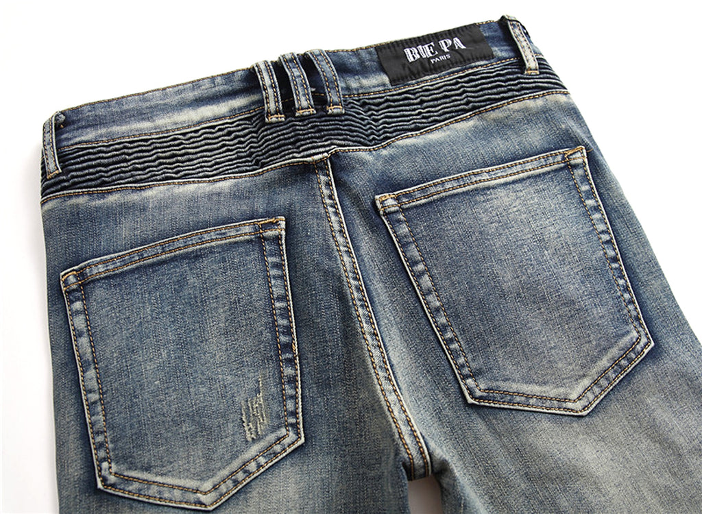 Retro Crumpled Hole Patch Elastic Straight Skinny Jeans - enhanced image 13