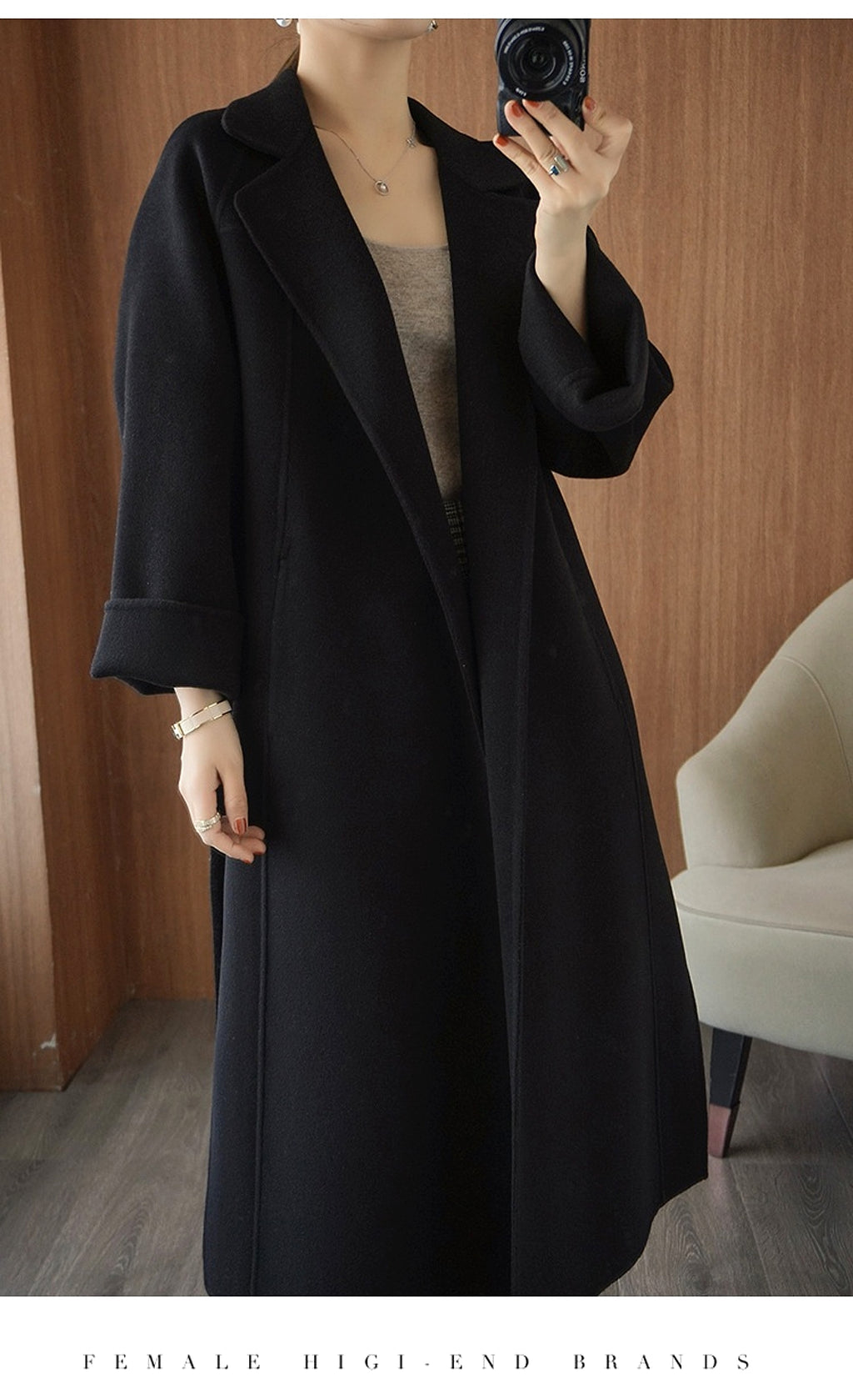 Reversible Cashmere Coat Women's Mid-length Loose Over Knee Coat - enhanced image 13