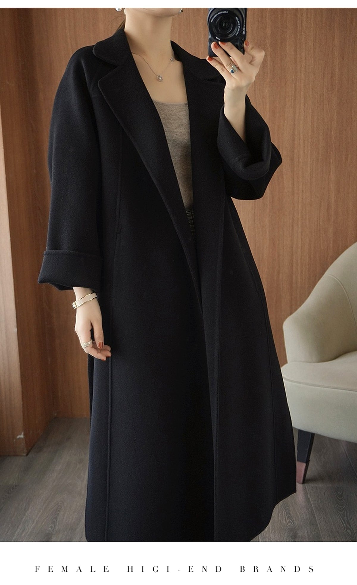 Reversible Cashmere Coat Women's Mid-length Loose Over Knee Coat - enhanced image 13
