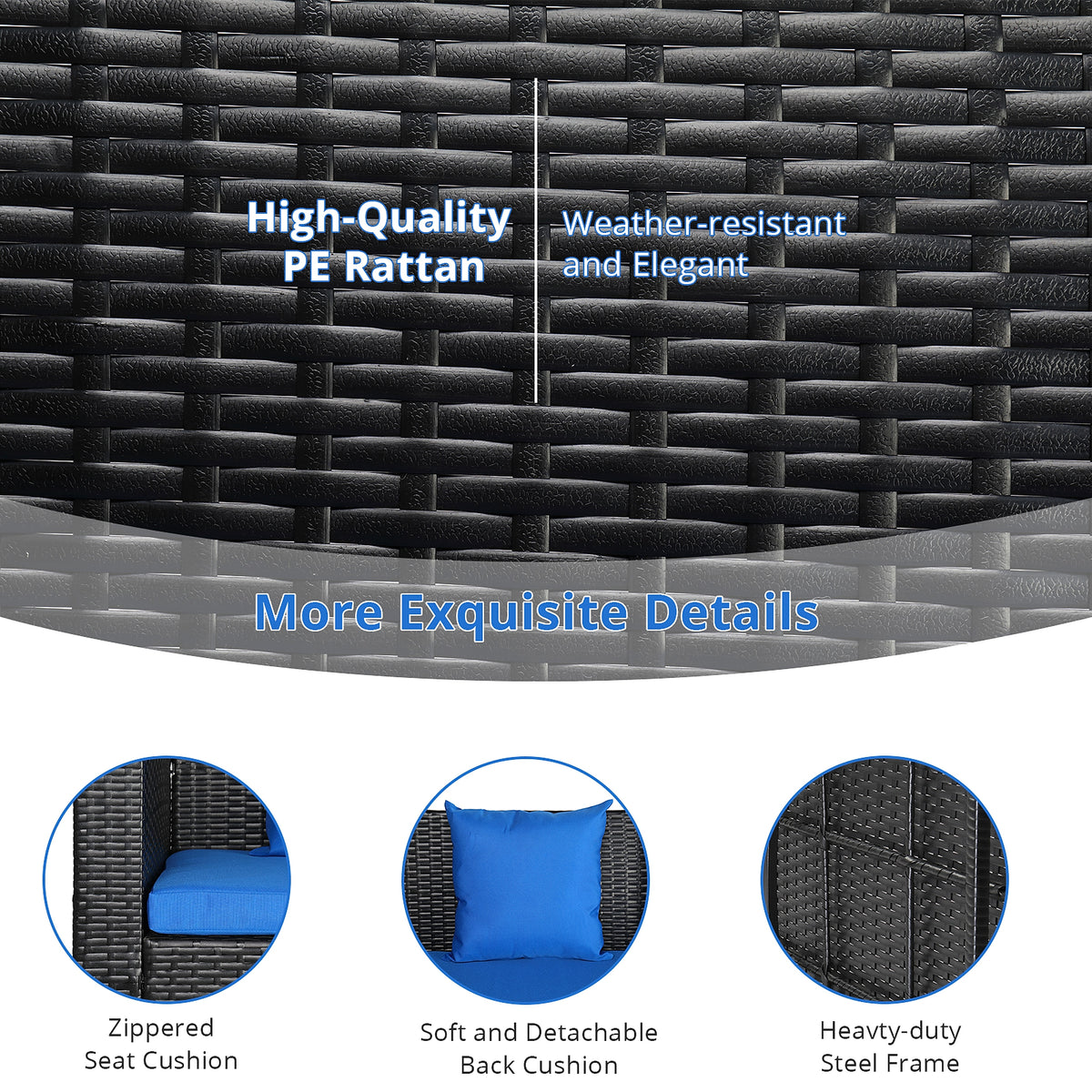 SolunaSwing™ – 4ft Black Rattan Hanging Chair with Blue Cushions - enhanced image 13