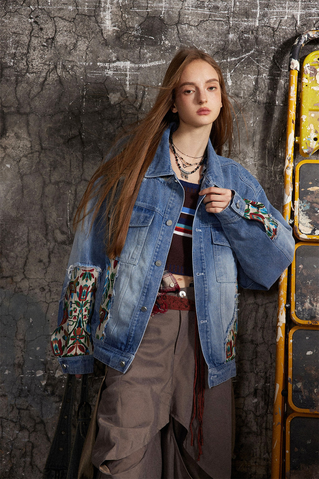 1. Stitching Embroidery Frayed Hem Denim Jacket Women - enhanced image 13