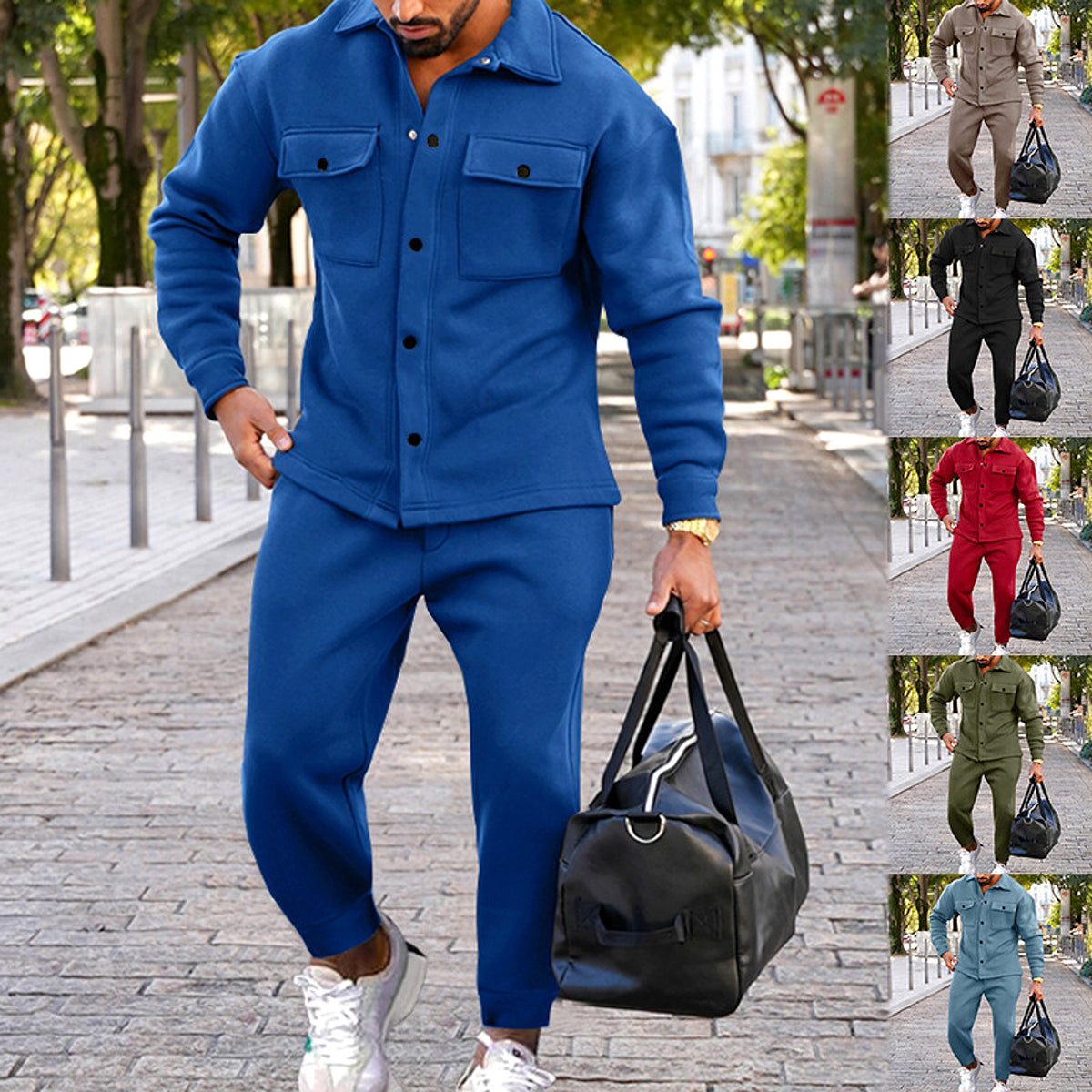 A Suede Single-breasted Solid Color Slim Fit Two-piece Suit Men (Tracksuit) - enhanced image 13