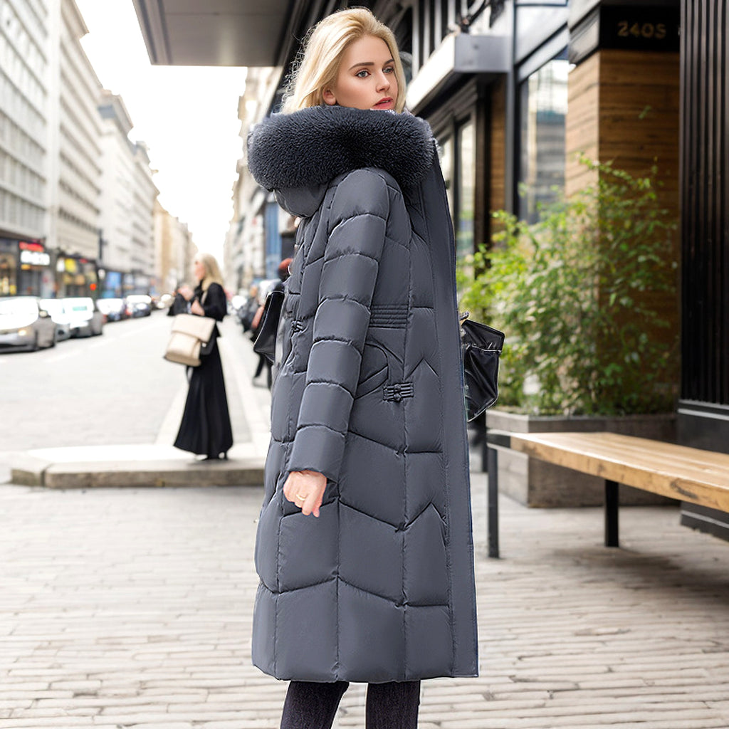 Winter Long Coat With Thickened Fur Collar Straight Slim Cotton-padded Jacket Women - enhanced image 13