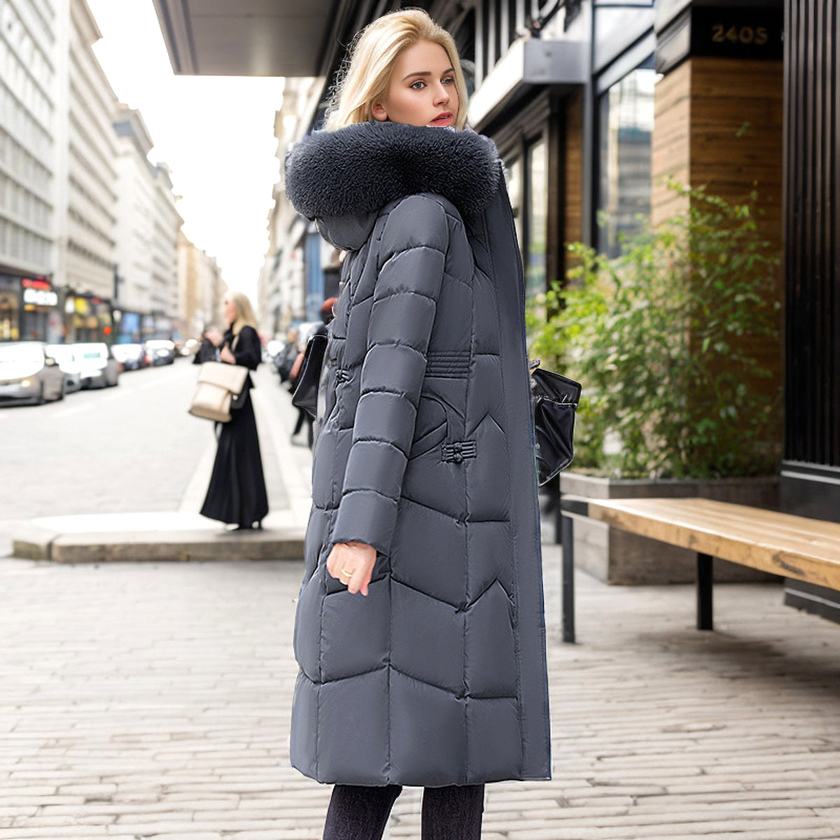 Winter Long Coat With Thickened Fur Collar Straight Slim Cotton-padded Jacket Women - enhanced image 13