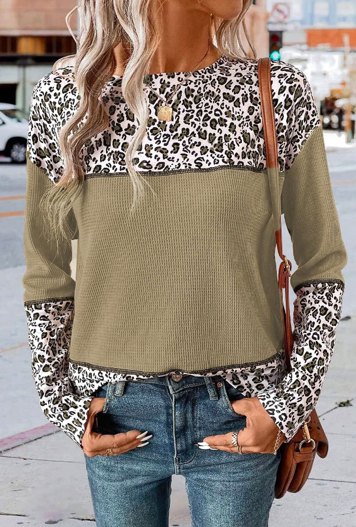 Women Round Neck Leopard Splicing Waffle Sweater - enhanced image 13