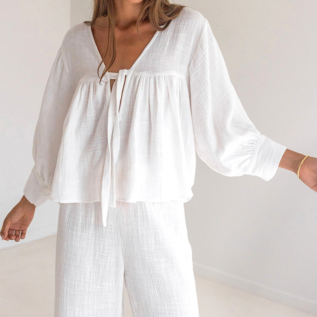 Women's Fashion Long Sleeve Double-layer Crepe Pajamas Trousers Loose Outfit - enhanced image 13