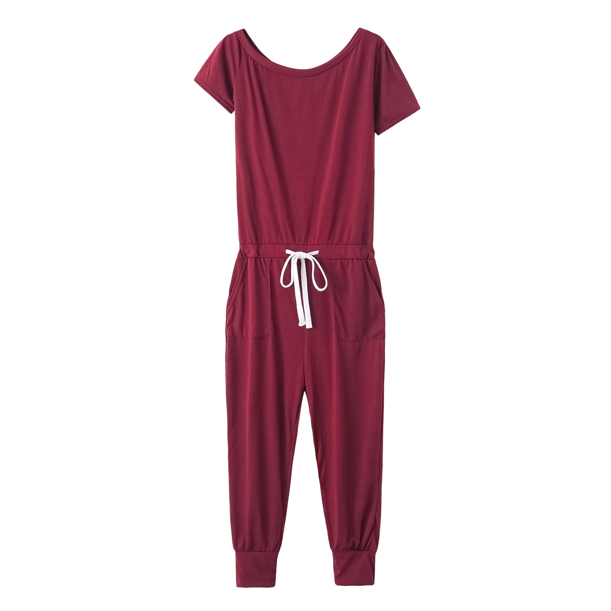 Women's Off-the-shoulder Short-sleeved Pocket Lace-up Shoulder Jumpsuit - enhanced image 13