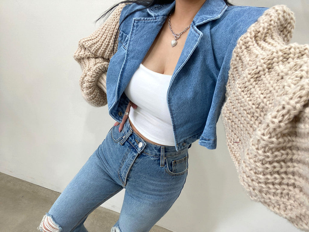 Women's Retro Minority Patchwork Knitting Denim Jacket - enhanced image 13