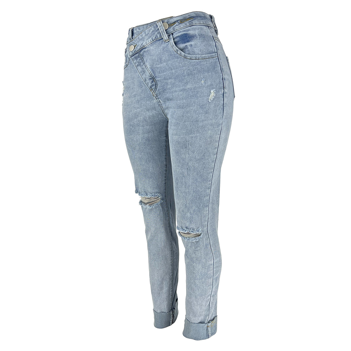 Women's Ripped Diagonal Buckle Stretch Jeans - enhanced image 13