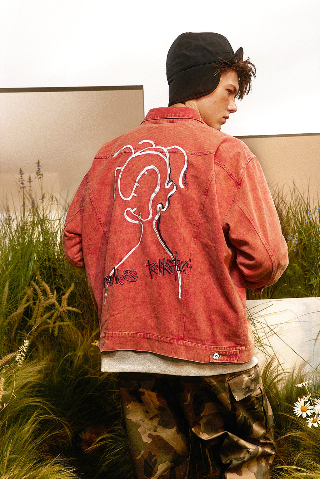 Abstract Embroidered Washed Denim Jacket - enhanced image 14