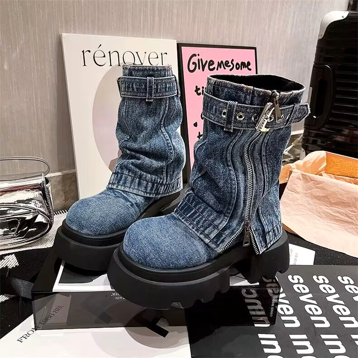 Boots Denim Fake Two Pieces Pile Style Boots Motorcycle Boots - enhanced image 14
