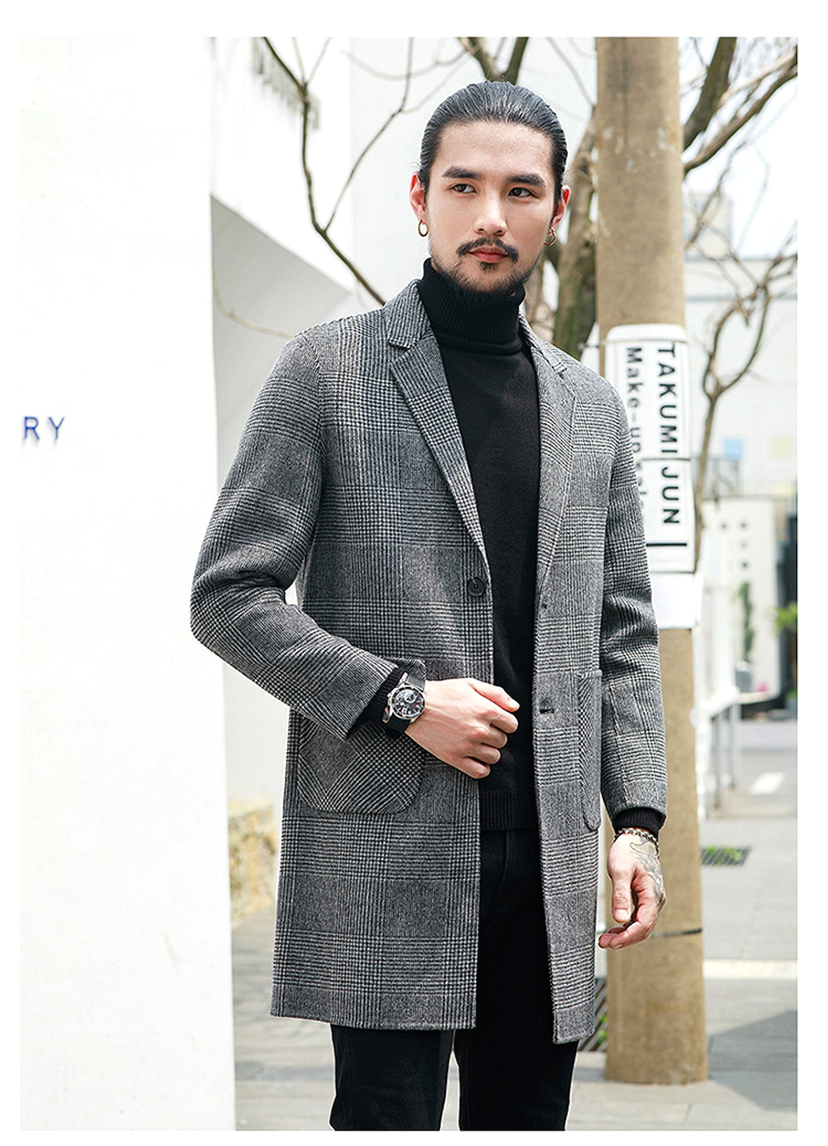 Houndstooth reversible men's plaid woolen trench coat - enhanced image 14