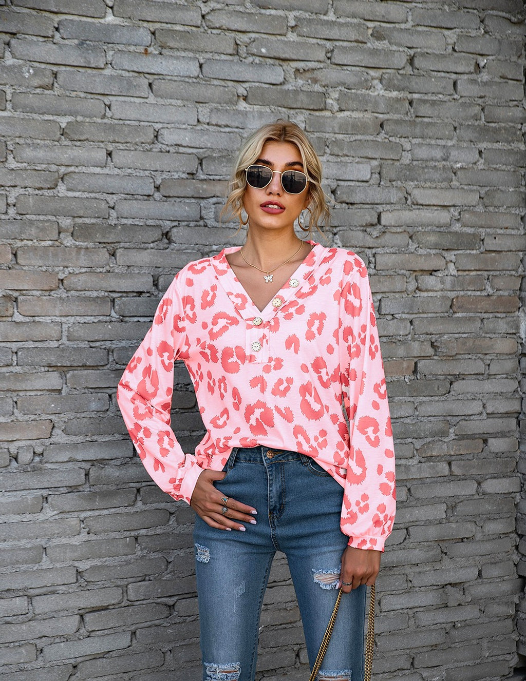 Leopard Print Printed V-neck Off-the-shoulder Long Sleeve T-shirt Women - enhanced image 14