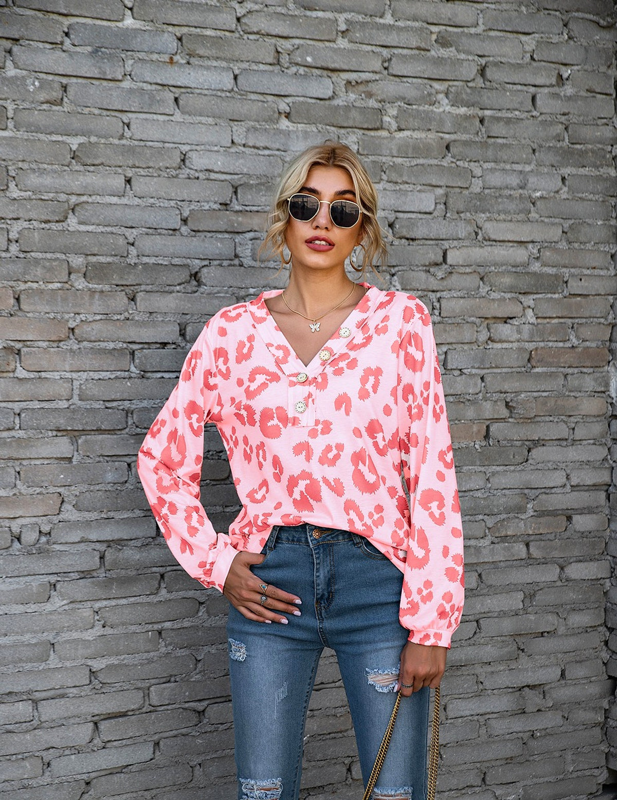 Leopard Print Printed V-neck Off-the-shoulder Long Sleeve T-shirt Women - enhanced image 14