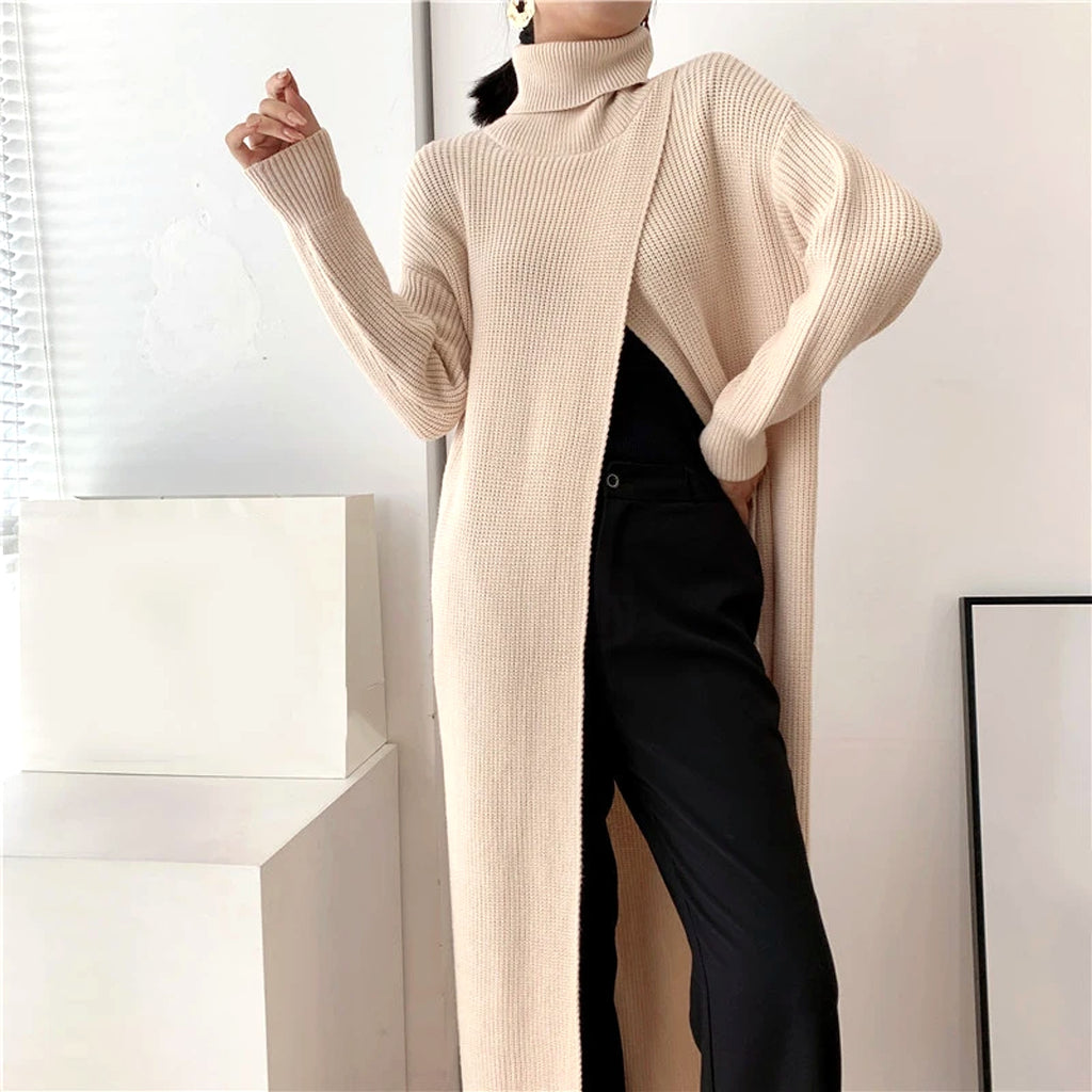 A.1 Long Knit Turtleneck Sweater Long Skirt Pullover Bottoming With Slits And Slim Fit - enhanced image 14