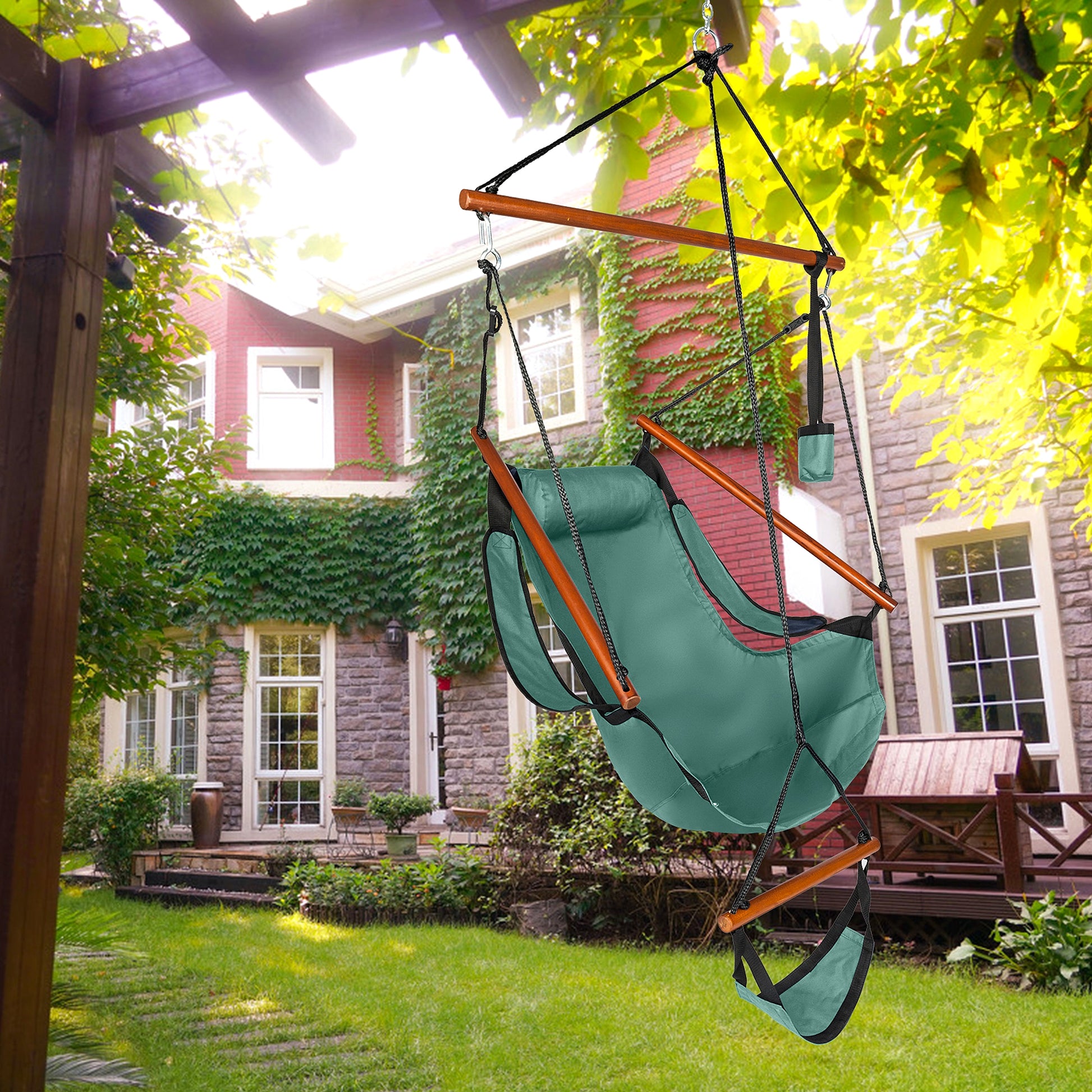 LuxeSwing™ – Oxford Hanging Chair with Wooden Bar & Cup Holder, Green (US Warehouse) - enhanced image 14
