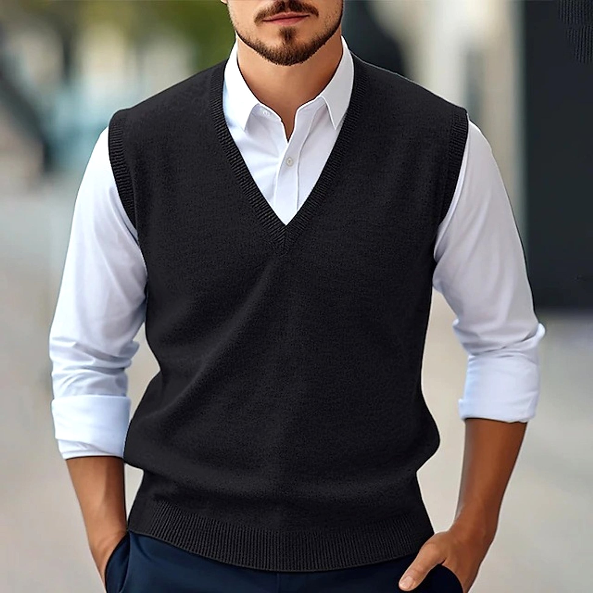 Men's Sleeveless Sweater Vest Casual Solid Color And V-neck - enhanced image 14