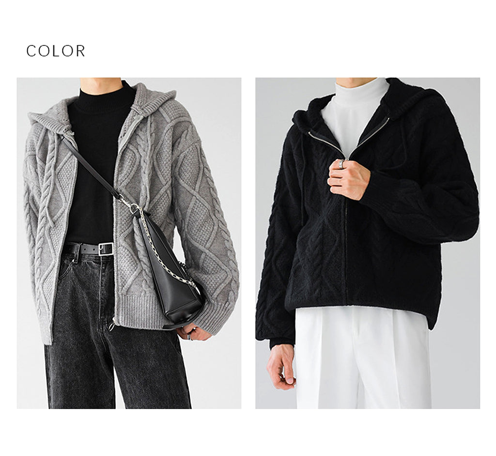 Men's Zipper Hooded Solid Color Loose Rhombus Plaid Coat - enhanced image 14