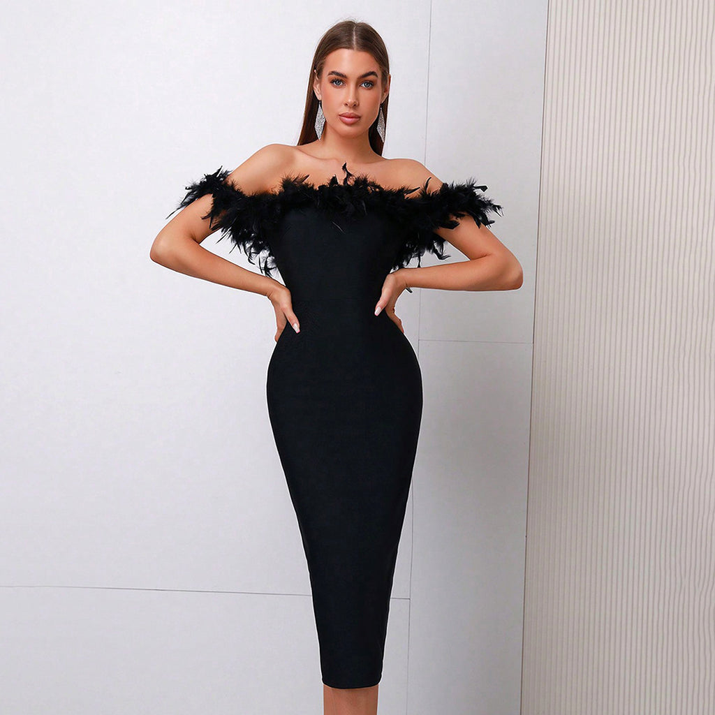 Off-neck Feather Women's Dress - enhanced image 14