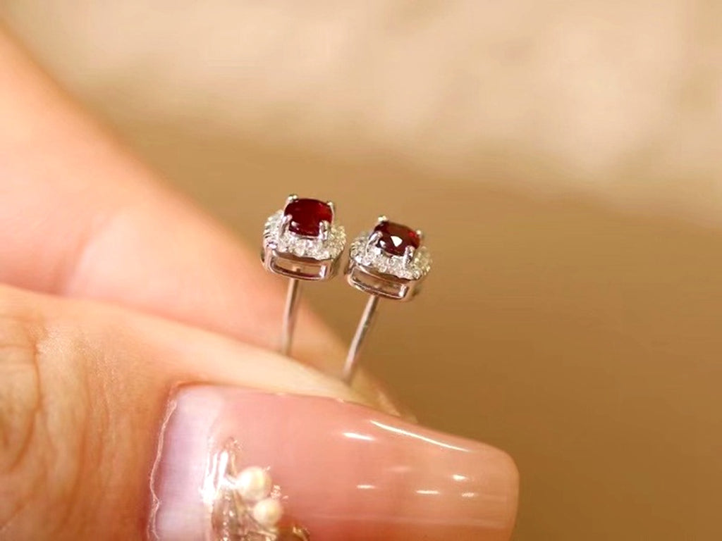 Real Gold Natural Ruby Diamond Stud Earrings Pigeon Blood Red Color - enhanced image 14