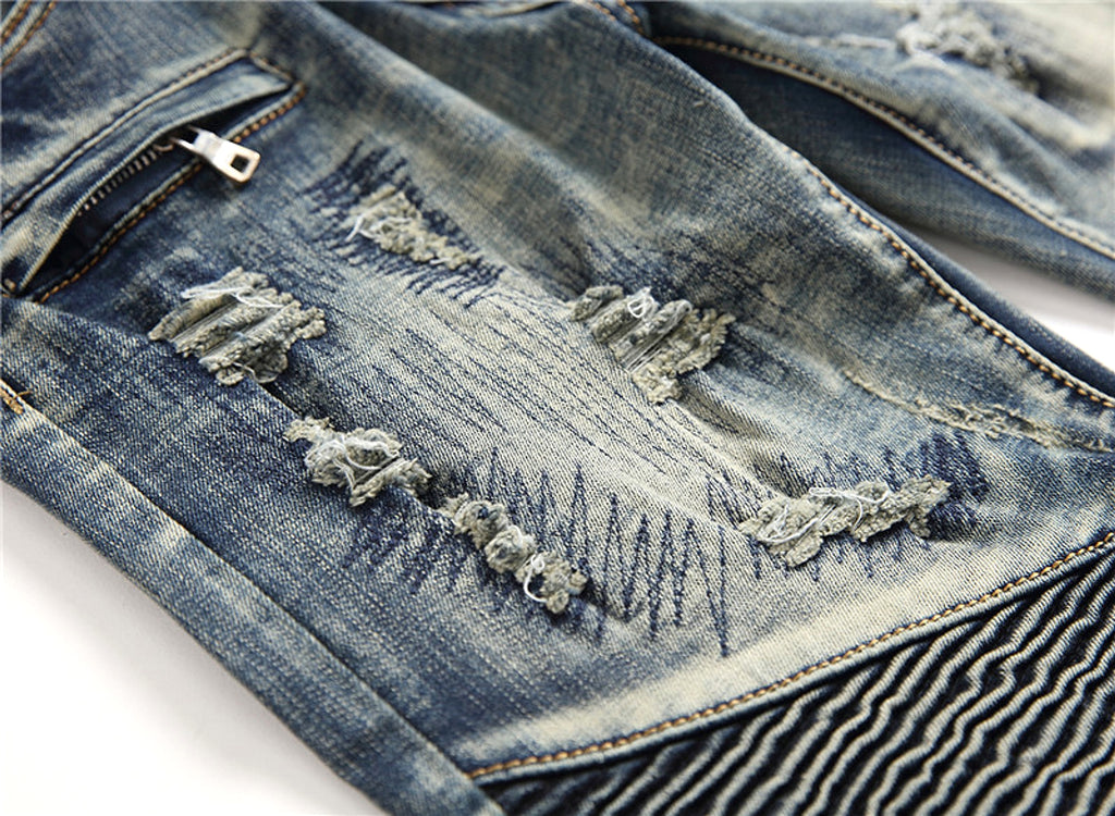 Retro Crumpled Hole Patch Elastic Straight Skinny Jeans - enhanced image 14