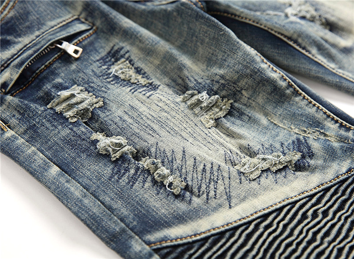 Retro Crumpled Hole Patch Elastic Straight Skinny Jeans - enhanced image 14