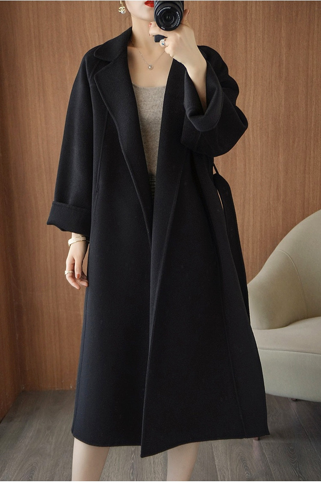 Reversible Cashmere Coat Women's Mid-length Loose Over Knee Coat - enhanced image 14