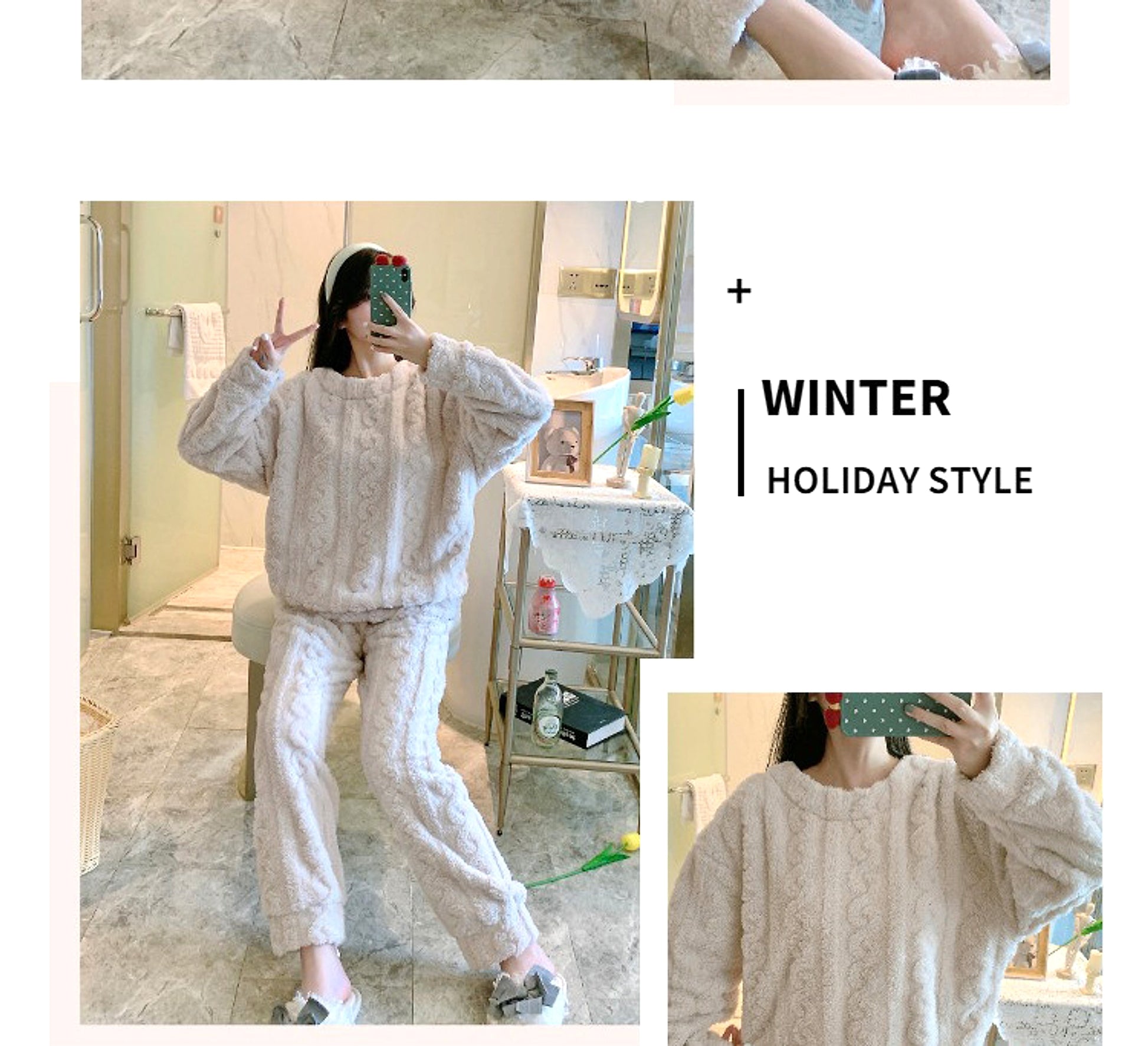 Thick Fleece Pajamas Women's Thermal Round-neck Flannel Homewear Suit - enhanced image 14